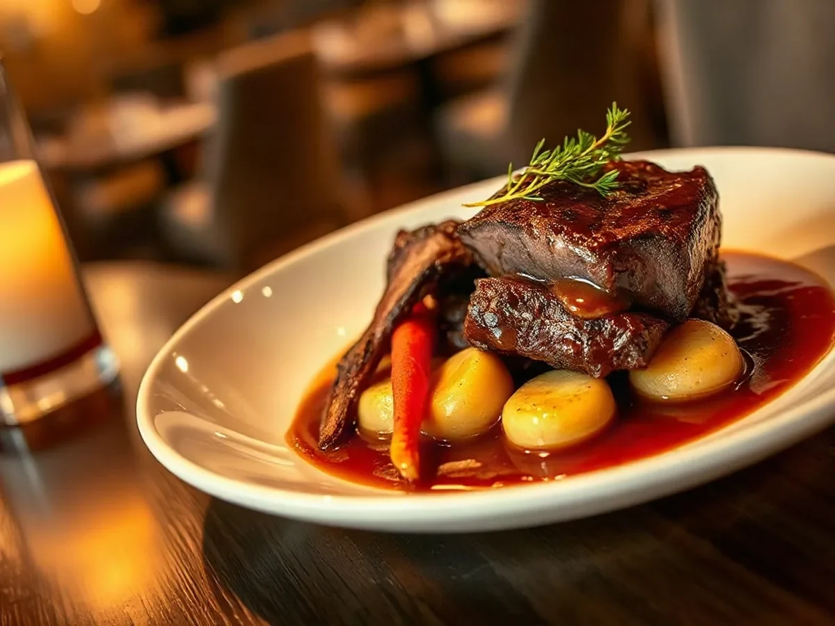 Slow-cooked beef and soft roots glisten with pan sauce on an ivory plate in amber light.