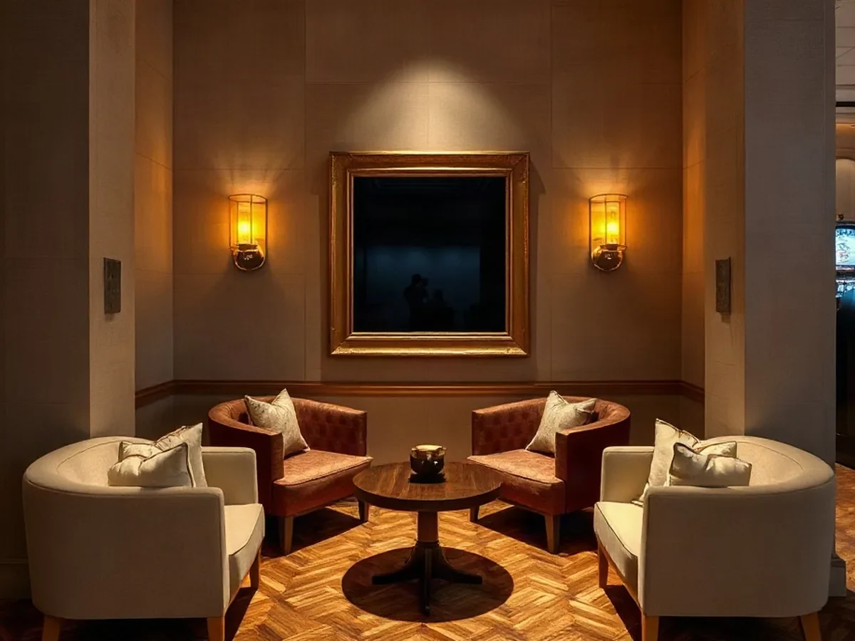 Upholstered chairs and a low oak table sit in a quiet plaster alcove under gentle light.