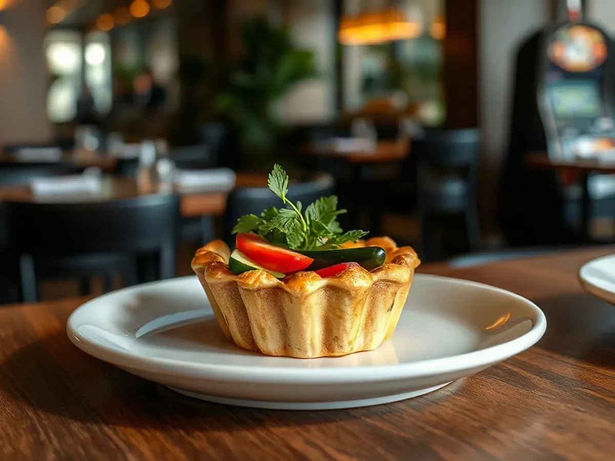 A crisp tartlet filled with seasonal vegetables and herbs rests on ivory ceramic in warm light.