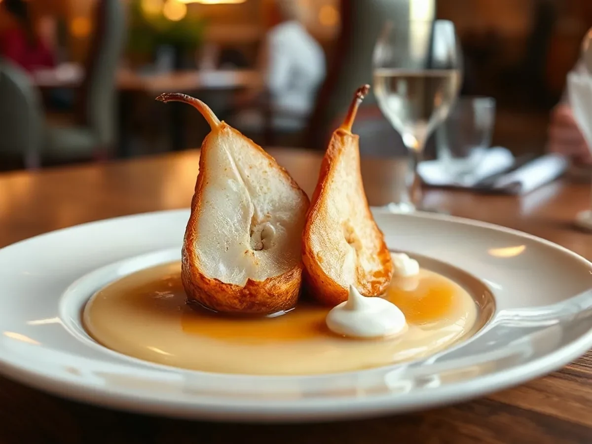 Poached pear and crisp pastry sit on ivory ceramic, their golden edges warmed by soft light.