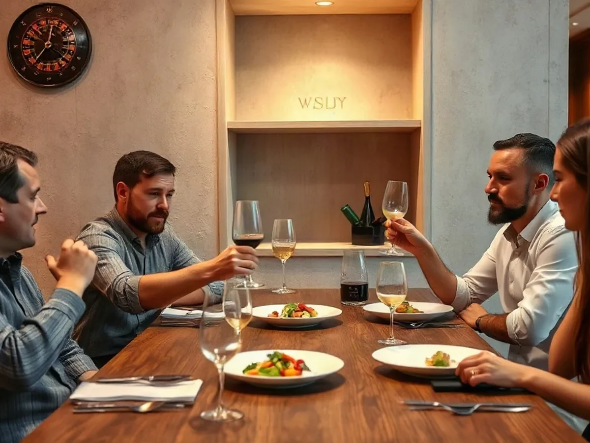 Adults share seasonal plates at a smoked oak table beneath warm light, with an alcove behind them.