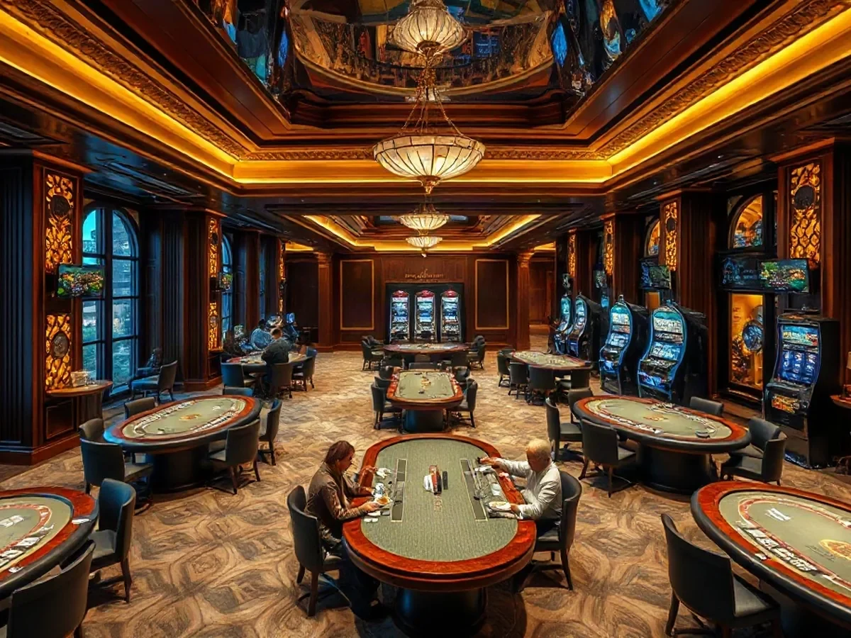 Gaming tables and a row of machines sit beneath warm pendant light and cool reflections.